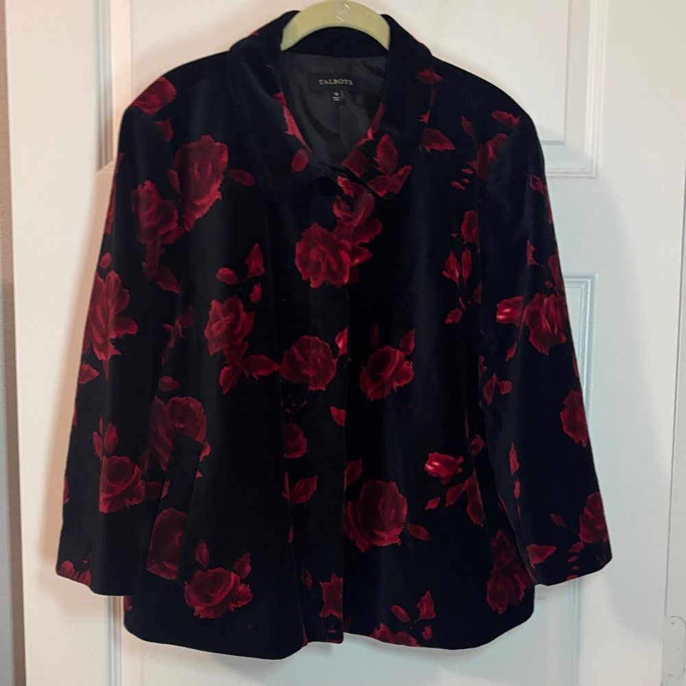 Talbots black velvet blazer red roses SZ 18 3/4 length sleeves 100% Cotton lined - Picture 1 of 15